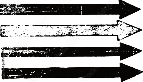 Grunge horizontal arrows set vintage design elements with distressed texture and directional pointers