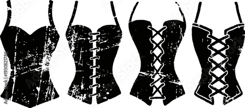 Four black vintage corsets with lace up details in silhouette style, fashion accessories and clothing design