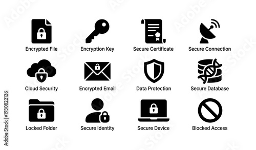 Secure icons: encryption, protection, cloud, and database security symbols