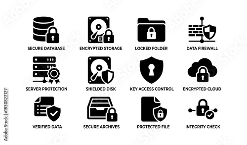 Data security icons: secure database, encrypted storage, locked folder, firewall, protection
