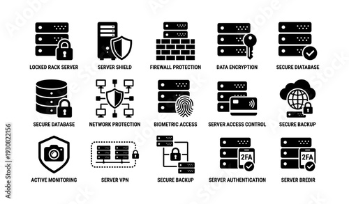 Network security: firewalls, encryption, vpn, backup icons for data protection