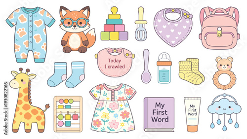 Cute baby stickers set with toys, clothes, and accessories collection for nursery decoration and greeting cards