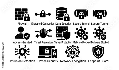 Data security and protection icons: firewall, encryption, malware prevention, network security
