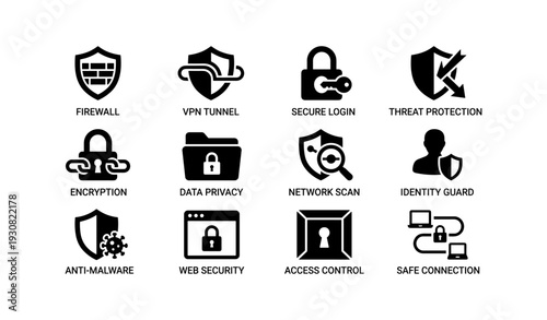 Cybersecurity icons: shields, locks, and protection symbols for network safety