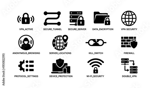 Vpn security icons set: access, encryption, firewall, protection, server