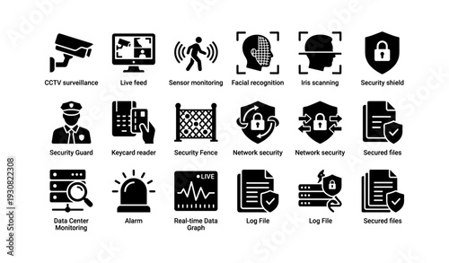 Security icons: surveillance, monitoring, recognition, and network protection symbols