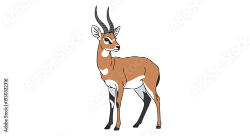 A charming illustrated gazelle with elegant horns stands alertly against a stark white backdrop, showcasing its distinctive markings and slender build