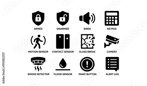 Home security system icons: armed, siren, motion sensor, camera, alert log