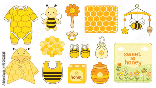Cute baby stickers collection with toys, clothes, and accessories in a sweet honey theme for nursery decoration