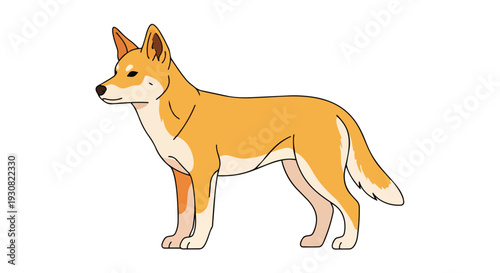 An animated depiction of a golden-hued canine standing alertly against a stark white backdrop showcasing its distinctive markings and alert posture