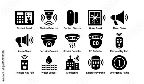Home security icons: sensors, alarms, cameras, detectors, monitoring