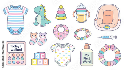 Cute baby stickers collection with toys, clothes, and accessories in a playful arrangement _0715728409.eps