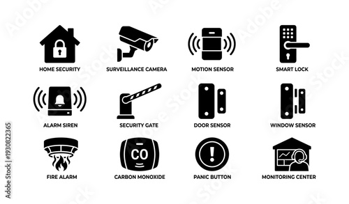 Home security icons featuring surveillance cameras and smart locks