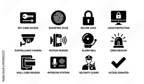 Security system icons: key, biometric, lock, camera, sensor, alarm, beacon, card, intercom, guard