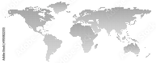 Black halftone dotted world map. World halftone map.