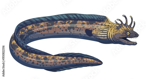 Whimsical illustration of a moray eel with unique head crests and a speckled, elongated body against a plain white backdrop.