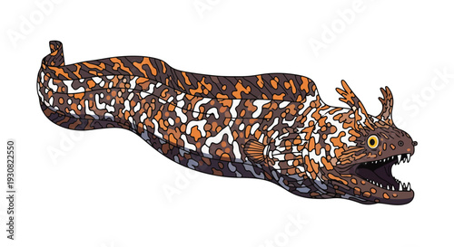 Illustration of a Moray Eel with a Camouflaged Skin Pattern and Serrated Teeth, Set Against a White Background