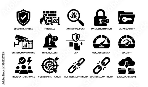 Cybersecurity icons set: antivirus, encryption, firewall, and more
