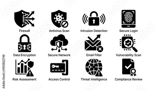 Cybersecurity icons: firewall, antivirus scan, intrusion detection, secure login, data encryption