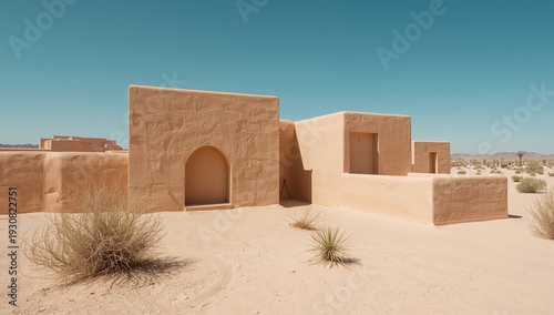Desert Buildings Stand Under Clear Blue Sky With Sandy Landscape and Sparse V...