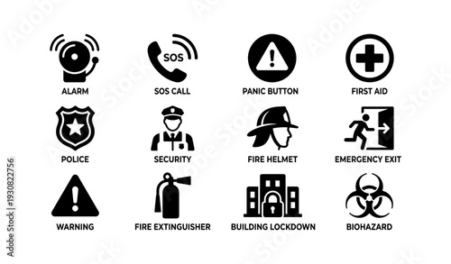 Emergency icons: sos, first aid, security, fire safety, biohazard alerts