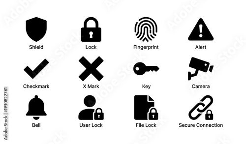 Security icons set: shield, lock, fingerprint, alert, key, camera, user lock