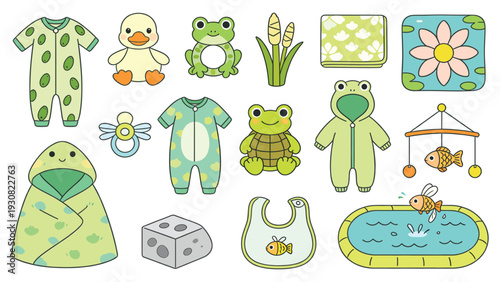 Cute baby stickers with toys, clothes, and accessories collection set displayed in a playful digital illustration