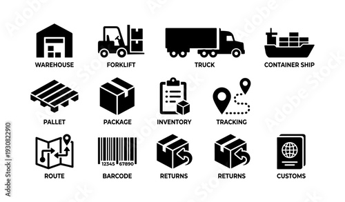 Warehouse logistics icons: forklift, truck, container ship, package, barcode, tracking, customs