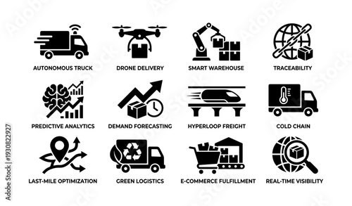 Innovative logistics icons: autonomous truck, drone delivery, smart warehouse, and more