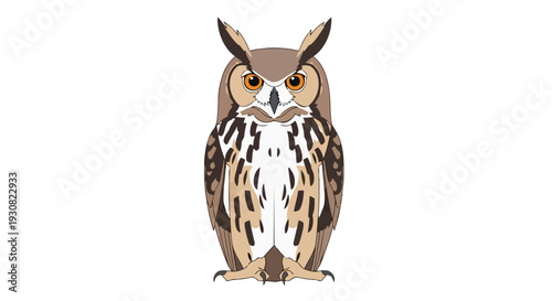 A charmingly illustrated owl with expressive orange eyes stands alert, its distinctive feather patterns rendered in a clean, modern graphic style