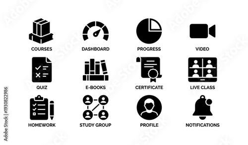 Online learning icon set: courses, dashboard, progress, video, quiz, e-books, certificate, live class, homework, study group, profile, notifications