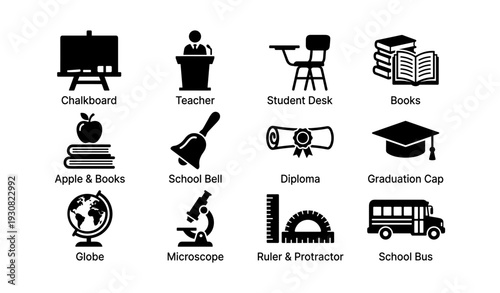 Educational symbols: chalkboard, teacher, student desk, books, school bell, diploma, graduation cap