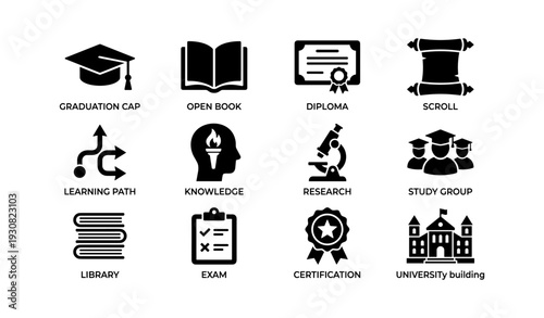 Academic icons: graduation cap, diploma, knowledge, certification, university building