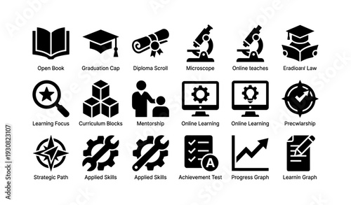 Education icons set: learning, graduation, achievements, and online tools
