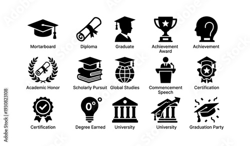 Graduation and academic achievement icons: mortarboard, diploma, and university symbols