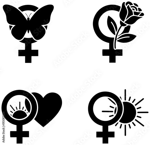 Empowering female symbols with butterfly, rose, heart, and sun