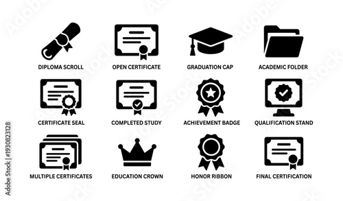 Education achievement icons: diploma, certificate, graduation cap, academic success symbols