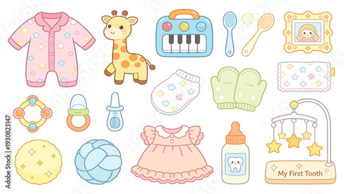 Cute baby stickers collection with toys, clothes, and accessories set displayed on a clean background _0849634310.eps