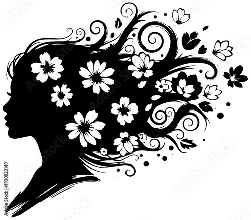 Elegant woman silhouette with floral hair design