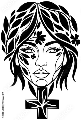 Mysterious woman with floral face paint and leafy hair