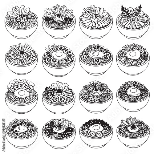Collection of Korean Bibimbap Bowls Hand Drawn Illustration