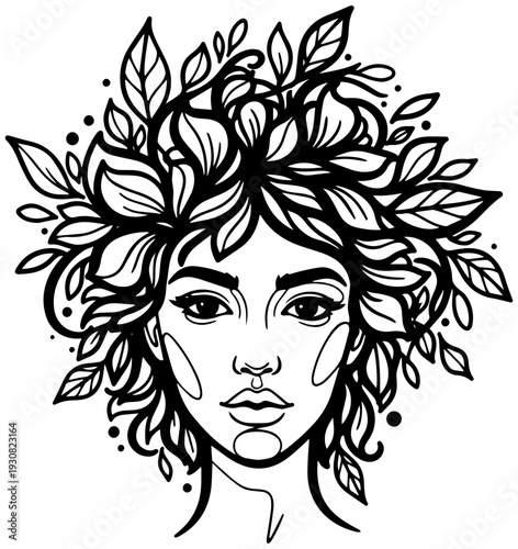Serene woman with leafy floral crown and tears of joy on her face