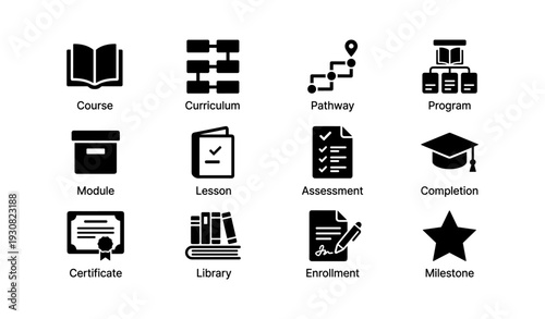 Educational icons representing course curriculum and learning pathways