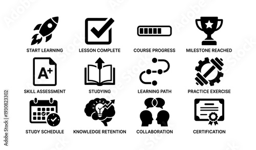 Educational icons illustrating learning progress and achievement in various aspects of education