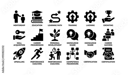Icons depicting career growth skill acquisition and professional development
