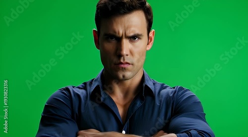 Man with crossed arms against green screen.