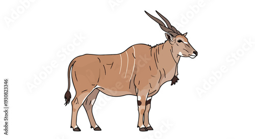 Illustrative portrayal of a majestic eland antelope with distinct spiral horns and subtle flank markings against a clean white backdrop
