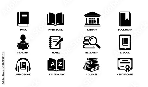 Educational icons set: books, library, research, e-book, audiobook, certificate