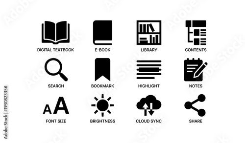Digital textbook icons: e-book, library, contents, search, bookmark, highlight, notes, font size, brightness, cloud sync, share