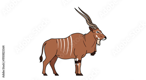 Illustrative portrayal of a majestic bongo antelope with striking white stripes and elegantly curved horns against a stark white backdrop,